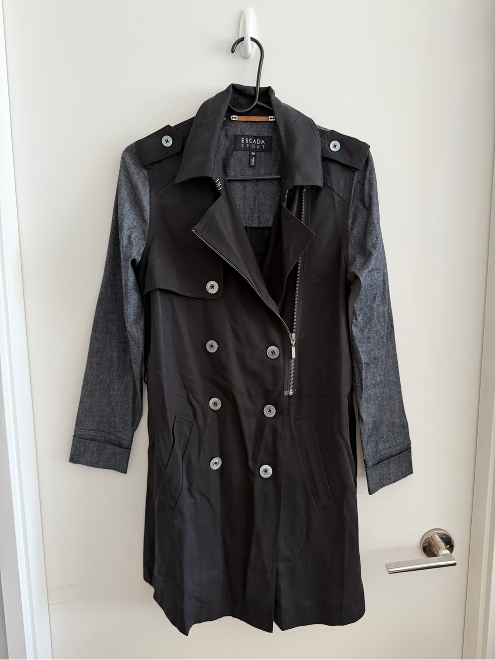 Escada Black Trench Coat with Gray Sleeves sz 36